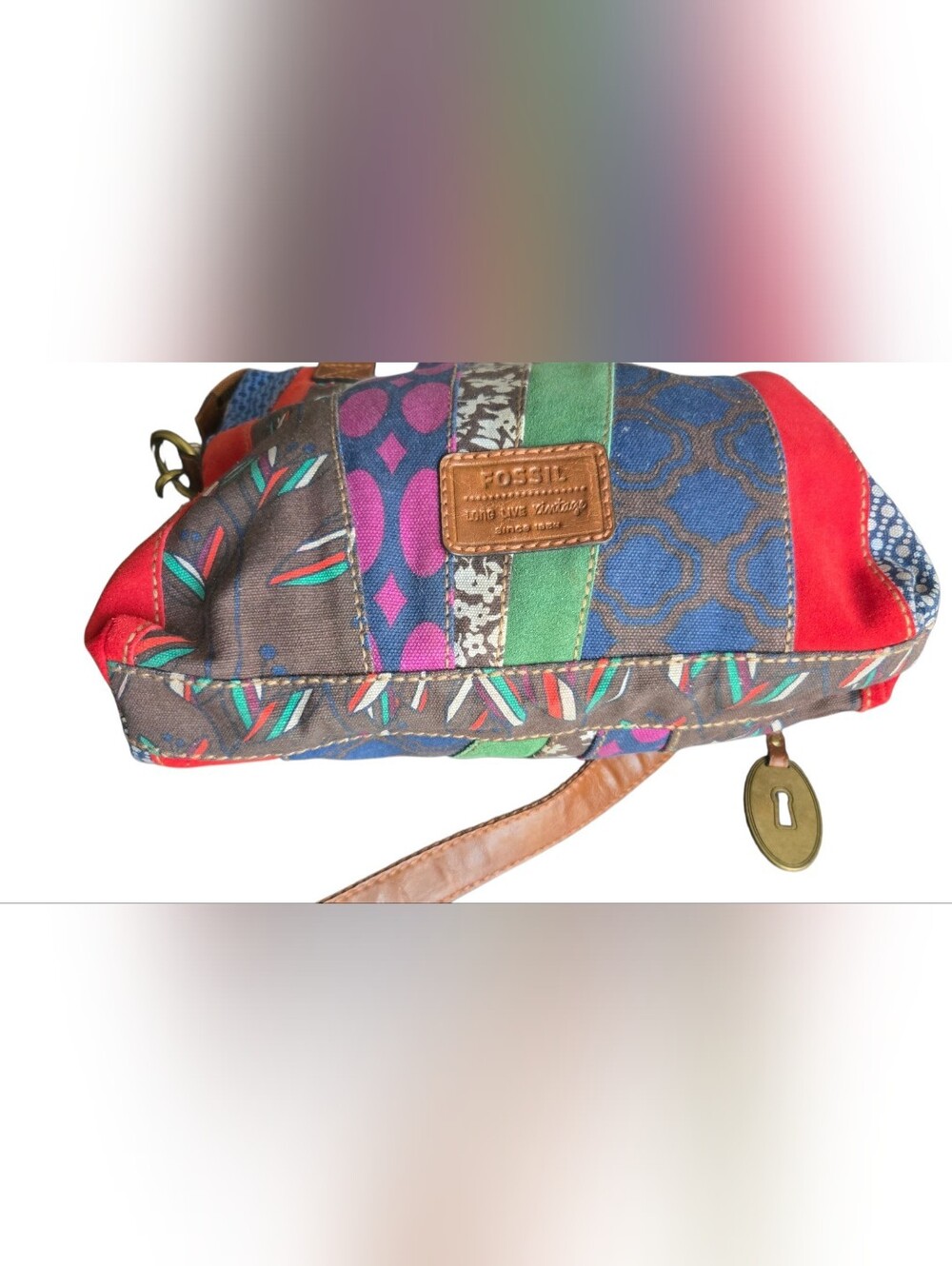 Fossil Patchwork Tote Crossbody Bag Multicolor Suede Canvas Leather Key Charm - Picture 15 of 16